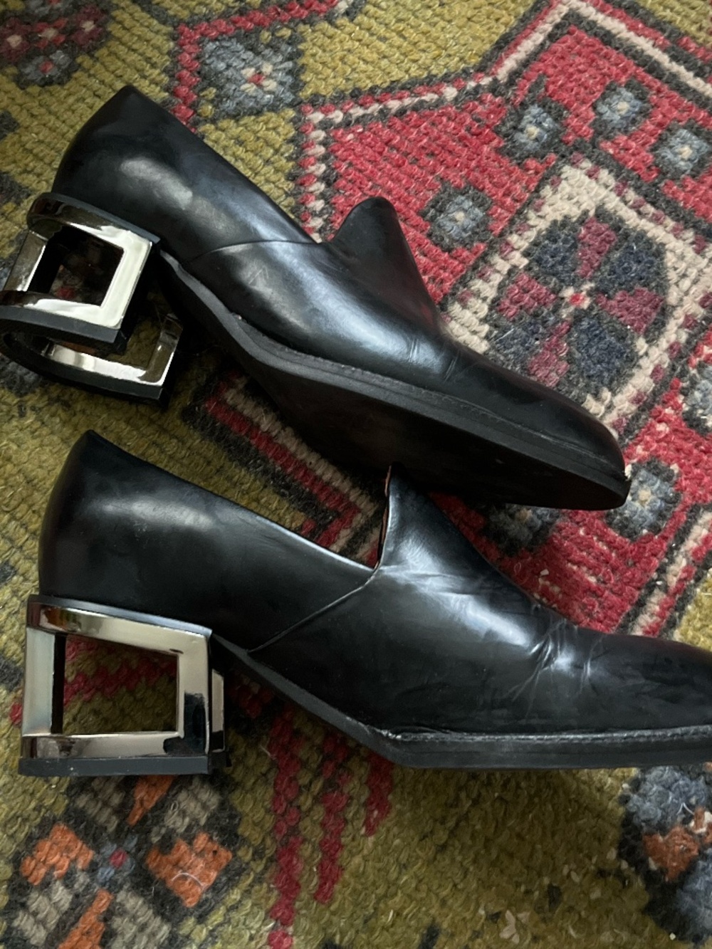 Jeffrey Campbell Ibiza Last Metal Heel Loafers 6 Black Leather Pointed Toe
